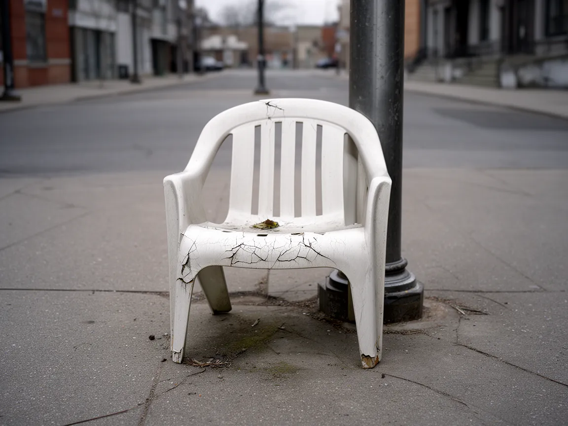Illustrative photograph: cracked plastic chair