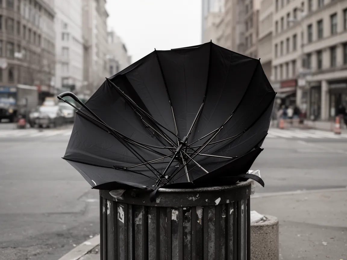 Illustrative photograph: broken umbrella in a bin